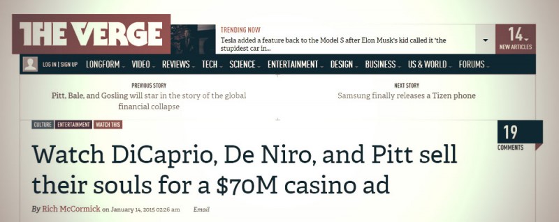 這就是傳聞 Robert De Niro, Leonardo Dicaprio 與 Brad Pitt 都抵不住誘惑聯手演出的澳門賭場度假村廣告 3