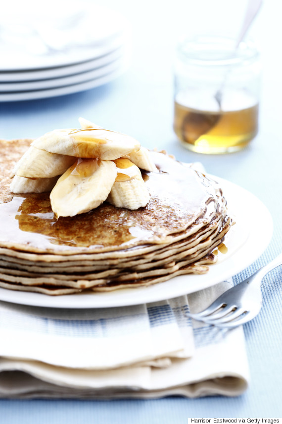 Stack of pancakes with Bananas and Honey
